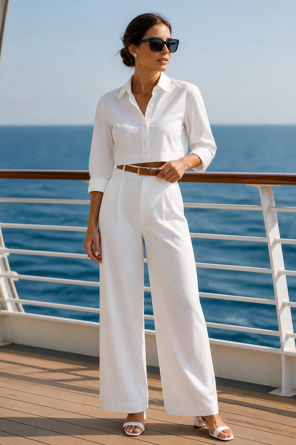 Create a hyper-realistic, high-resolution fashion photograph of a stylish woman on a sunlit cruise deck, embodying a Crisp White Set that reads resort-chic. The main subject stands in natural light with a calm ocean backdrop and a softly blurred horizon. She wears a white button-front cropped shirt, tucked neatly into white high-waisted wide-leg trousers. The sleeves are rolled to three-quarter length, and the shirt is fully buttoned to maintain clean lines. Pair with white sling-back sandals and a tan belt cinching the waist to add subtle structure. Accessorize with bold statement sunglasses—oversized, square frames in black or tortoiseshell—to anchor the look, while keeping jewelry minimal: perhaps small stud earrings and a delicate bracelet. The styling should convey a relaxed yet polished vibe, with a slight breeze that creates gentle movement in the shirt hem and trouser legs. Pose the subject with one hand lightly adjusting the belt and the other resting at her side, or lightly touching the sunglasses for a candid feel. The overall composition emphasizes clean lines, crisp whiteness, and a silhouette that elongates the frame, with soft, natural lighting, a shallow depth of field to subtly blur the deck rail and sea in the background, and no visible text on the image. The mood is effortless confidence, perfect for a cruise-ready resort-chic aesthetic.