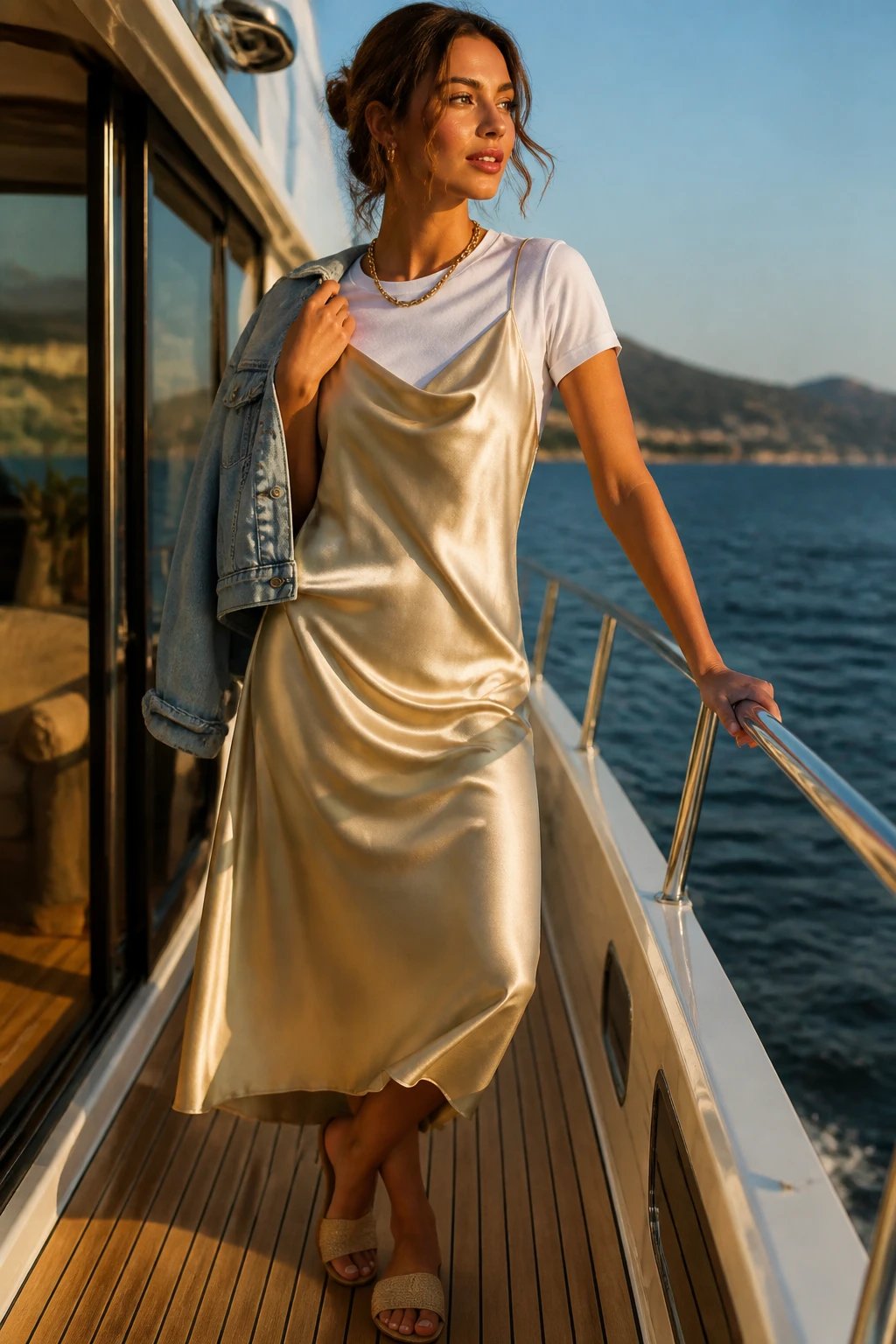 A high-resolution fashion editorial image featuring a stylish cruise-day look: a chic woman stands on a sunlit yacht deck at golden hour, wearing a champagne satin midi slip dress layered over a crisp white cotton tee with the tee slightly tucked and peeking out at the hem. She pairs it with flat slide sandals and a delicate gold chain necklace. A cropped denim jacket is casually draped over one shoulder for structure. The outfit exudes effortless glam with relaxed confidence, a soft champagne sheen reflecting on the dress, and a warm, natural makeup look with a lip shade that mirrors the satin hue. The background shows a calm sea and distant shoreline, with soft breeze adding gentle movement to the dress and hair, no text visible on the image. The composition is close-up to mid-shot, accentuating texture of satin, the layering detail, and the casual yet polished vibe suitable for a sail-away party or rooftop setting.