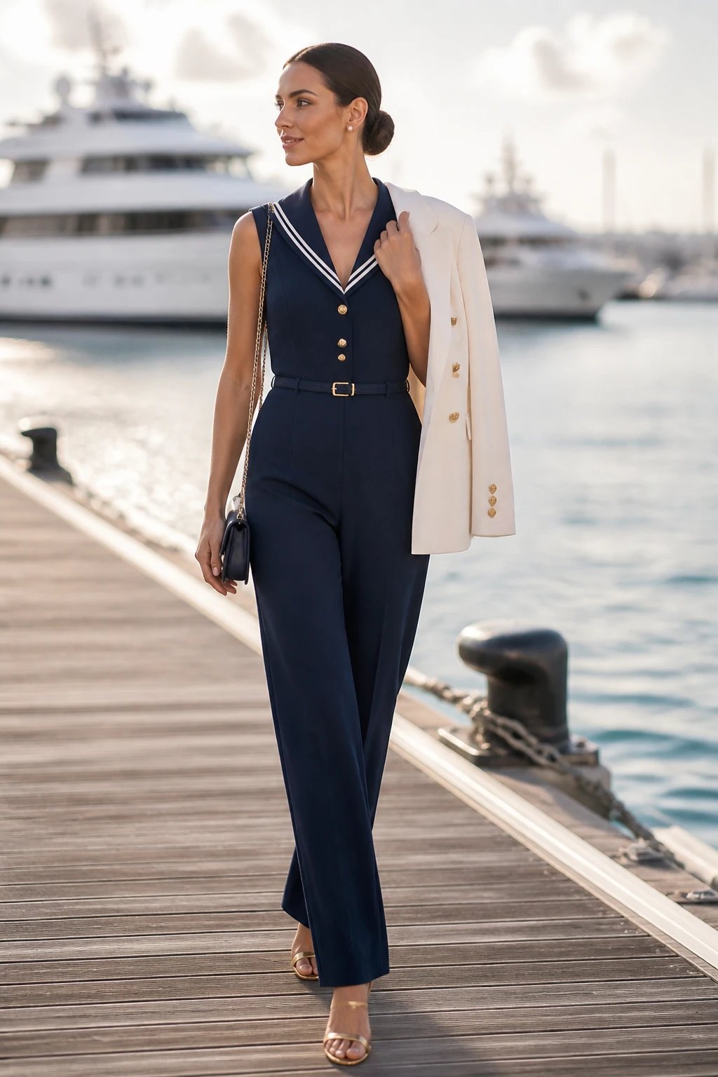 A high-resolution editorial-style photograph of a stylish woman modeling a polished sailor-inspired look on a sunlit marina jetty. She wears a deep navy sailor-inspired jumpsuit with a tailored silhouette, a slim belt cinching the waist, and gold-tone strappy sandals. She carries a small crossbody clutch and wears pearl stud earrings. Her hair is pulled into a sleek low bun to highlight the neckline and earrings, with a light blazer draped over one shoulder for a versatile day-to-night transition. The setting includes soft ocean light, gentle reflections on the water, and distant yachts, conveying an elegant dinner or casino-night vibe. The image should be crisp, with natural makeup, shallow depth of field to softly blur the background, and no text overlays.