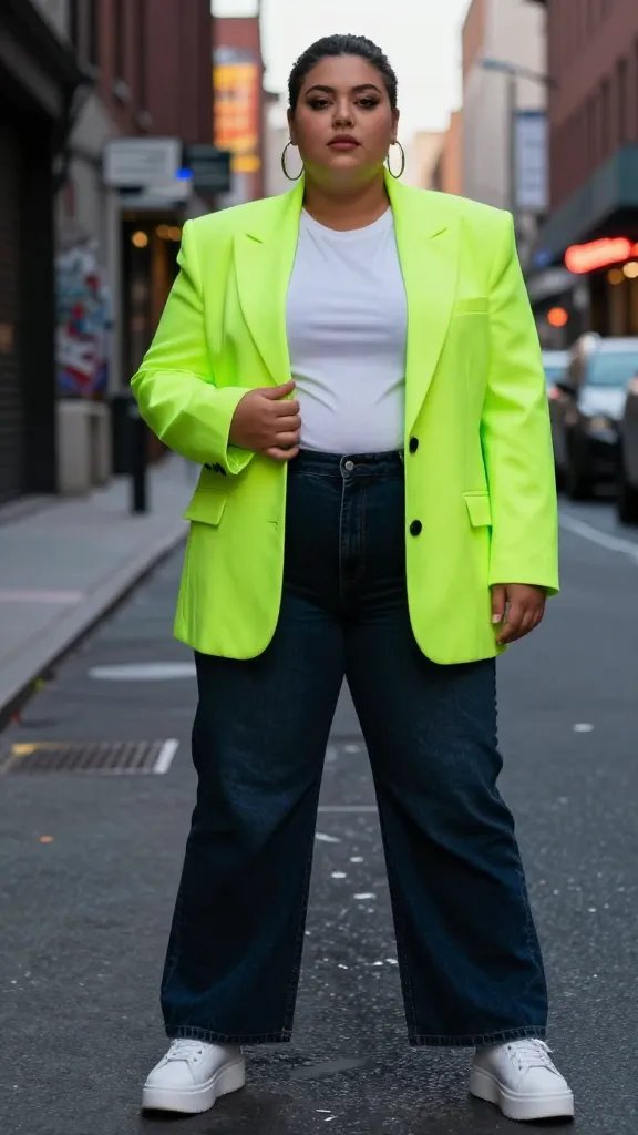 A high-fashion street portrait of a confident plus-size individual posing on a city street at dusk, wearing an oversized neon blazer in electric lime-green with structured shoulders, a plain white tee tucked lightly into high-waisted dark denim wide-leg pants, chunky white platform sneakers, and bold hoop earrings. The blazer is the focal point, catching neon reflections from surrounding city lights as the subject stands with one hand casually at the hip and the other lightly touching the blazer lapel, creating a dramatic silhouette. The background shows an urban alleyway with brick walls, subtle graffiti, and ambient neon signs, with shallow depth of field to blur the background just enough to keep the subject in sharp focus. The overall mood is bold, urban, and empowering, with natural skin tones, studio-like lighting accents on the blazer edges, and a confident, stylish demeanor suitable for a city-night street style feature. No text on the image.