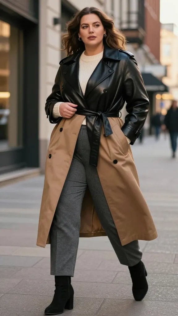 A high-resolution, street-style fashion photograph of a confident plus-size woman posing on an urban city sidewalk during golden hour. She wears a luxe black faux leather jacket layered under a camel trench coat (slip-on) cinched at the waist with a narrow belt, creating a streamlined silhouette. Underneath, a soft cream knit sweater peeks out for warmth and depth. She pairs with high-waisted slate gray trousers and black ankle boots. The look exudes boss energy with a subtle, sophisticated contrast between the glossy leather and the warm camel tones. Natural, soft lighting highlights texture: the leather shines, the trench drapes elegantly, and the knit shows knit stitches. The background features modern city architecture and muted storefronts, slightly blurred to emphasize the subject, with a shallow depth of field. The pose should convey confident movement&mdash;one hand in a pocket, the other adjusting the belt or sleeve&mdash;capturing a dynamic, street-ready vibe. No text on the image.