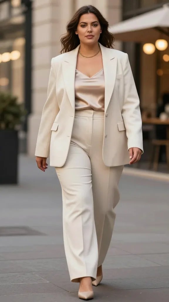 A full-body, high-resolution fashion editorial photo of a confident plus-size woman walking through a chic urban street scene at golden hour, wearing a tailored wide-leg suit in a soft wool blend with a forgiving cut. The blazer is structured but with relaxed shoulders and a slightly oversized fit, paired with high-waisted matching wide-leg trousers that skim the ground. Underneath, she wears a champagne silk camisole with delicate sheen, visible just above the blazer&rsquo;s lapels. Accessories are minimal: a single thin gold chain necklace and no belt, allowing the suit to drape naturally. Pointed-toe heeled mules in a light neutral tone complete the look. The color palette is soft neutrals&mdash;cream, champagne, taupe&mdash;with subtle shadows to emphasize tailoring and movement. The setting is an upscale city street with soft bokeh lights and architectural lines, conveying a sophisticated urban vibe suitable for networking events or dinner with friends. The subject&rsquo;s posture is poised and effortless, exuding quiet power and elegance, with natural, confident facial expression and minimal makeup. No text on the image.