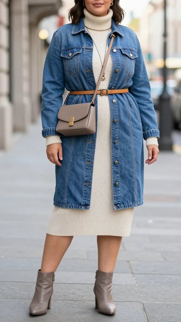 A tall, confident plus-size woman stands in a sunlit urban street scene, wearing a knee-length denim jacket dress layered over a cream knit turtleneck dress, paired with taupe ankle boots and a structured crossbody belt bag. She belts the waist with a sleek tan belt to define her silhouette, and a long pendant necklace hangs low to elongate her frame. The look is polished yet relaxed, with city architecture and soft bokeh in the background. The lighting is natural, capturing textures in the denim and knit, with subtle shadows that emphasize the layered silhouette. The overall vibe is chic, versatile, and fashion-forward for casual Fridays, mocktail hours, or museum wandering. No text on the image.