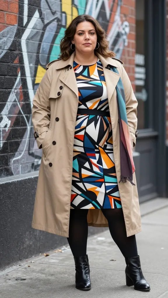A realistic, high-resolution street-style photograph of a confident plus-size woman posing in an urban gallery district. She stands in front of a brick wall with abstract street art, wearing a classic beige trench coat draped open over a bold graphic midi dress. She pairs opaque black tights and sleek leather ankle boots, with minimalist hoop earrings as subtle accessories. The trench softens the graphic print, allowing the dress to pop without shouting, while a lightweight scarf adds a splash of color in hand or draped over the coat. The overall vibe is urban poetry&mdash;cool, approachable, and ready for gallery hops or street fairs. Natural, diffused daylight with shallow depth of field to softly blur background graffiti, ensuring the subject remains the focal point. No text on the image.