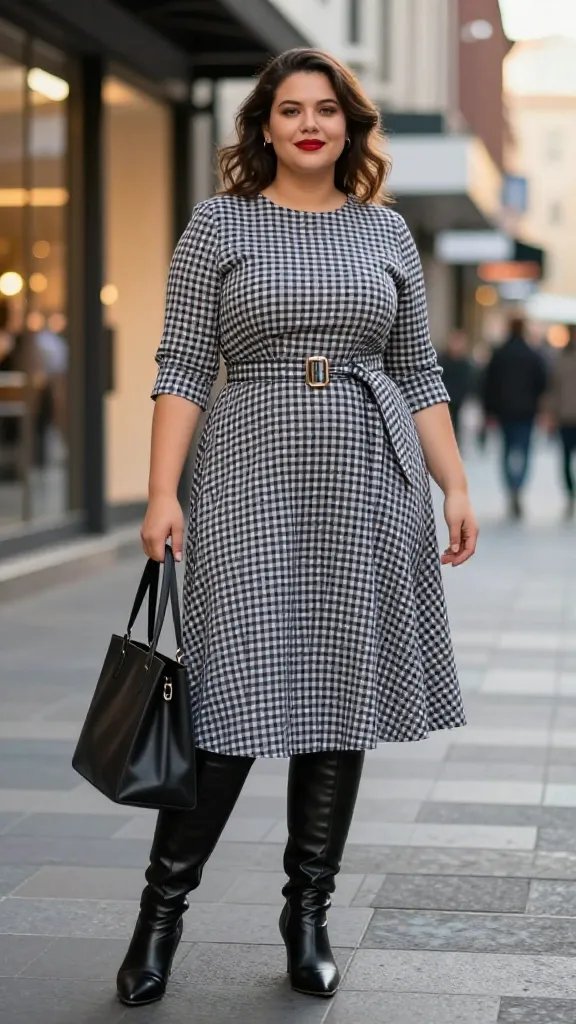 A stylish plus-size woman posing confidently in a bustling city street during golden hour, wearing a checkered midi dress with a belted waist that defines her silhouette. The dress features a bold monochrome check pattern, a tailored belt cinching at the narrowest part of the waist, creating an hourglass shape. She pairs the dress with over-the-knee leather boots in black, adding sleek polish, and carries a structured, medium-sized tote in a complementary solid color. Minimal accessories; a glossy red lipstick provides a pop of color against natural makeup. The setting includes modern storefronts, subtle bokeh lights, and a hint of architectural city elements in the background, with the subject standing in a relaxed, pose that exudes confidence and effortless elegance. The lighting is natural and flattering, capturing textures of the fabric and the shine of the belt buckle, with a shallow depth of field to keep the subject crisp and the background softly blurred. No text on the image.