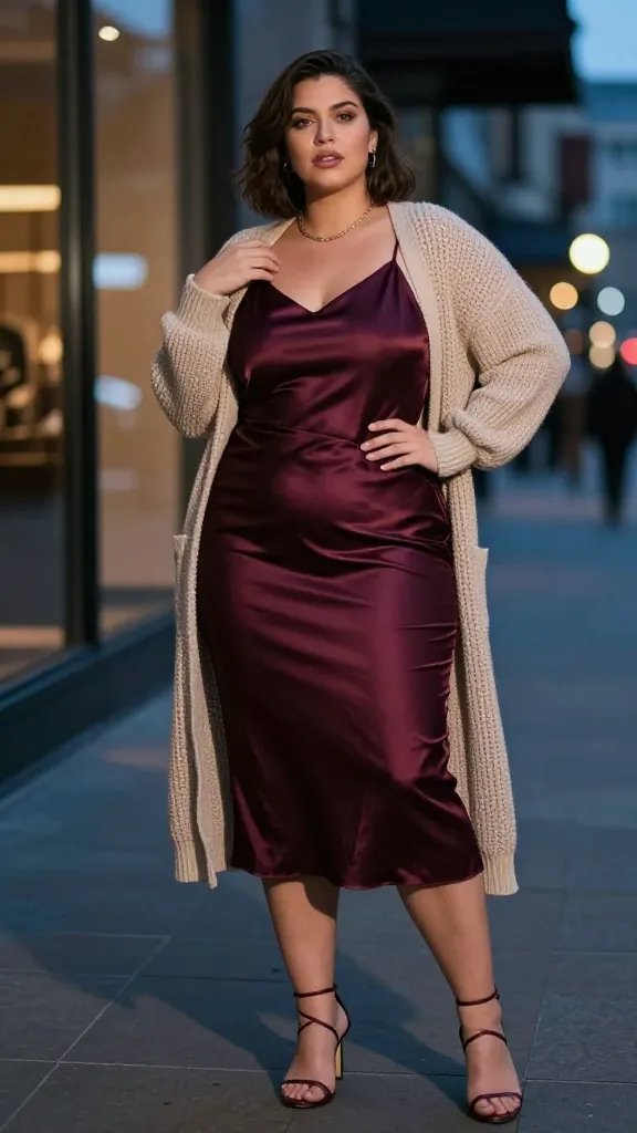 A high-resolution, runway-inspired nighttime street-style portrait of a confident plus-size woman in a city at dusk, standing under soft neon reflections. She wears a satin slip dress in a rich, slightly iridescent wine or deep emerald hue, layered over a soft, lightweight knit cardigan that peeks out at the hem and sleeves for texture. The cardigan is cropped to reveal the waist slightly, with the knit fabric visible beneath the dress. She pairs strappy heeled sandals or elegant heeled mules with a delicate chain necklace for a subtle shine. The look is styled for cool city nights: swap to ankle boots with a heel if needed. The setting is a chic urban street with glass fa&ccedil;ades and bokeh light orbs in the background, casting warm amber and cool blue tones. The subject poses with a poised, slightly tilted stance, one hand lightly touching the cardigan edge, the other resting at the hip, exuding effortless confidence. The lighting is cinematic, with directional streetlight highlights to emphasize texture&mdash;silk sheen of the slip, knit texture, and jewelry catch-light. No text or branding visible in the image. Include natural skin tones with flattering contour and soft makeup, short or medium-length hair styled sleek or softly tousled. The overall vibe is nighttime sandstorm of chic: sexy, polished, and street-smart.