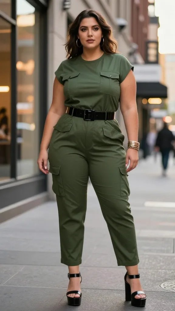 A tall, confident plus-size woman stands on a chic urban street at golden hour, wearing a tailored utility jumpsuit in deep olive green with utility pockets and a cinched waist by a bold black patent belt. She pairs it with sleek platform sandals, a stacked array of layered bracelets, and minimal jewelry. Her top is tucked to emphasize her silhouette, with a simple, clean neckline. The backdrop features city architecture, soft bokeh lights, and reflective glass storefronts. The lighting is warm and flattering, capturing a polished, city-glam vibe with natural textures (concrete, metal, glass) and subtle shadows that highlight her pose and outfit. No text on the image.