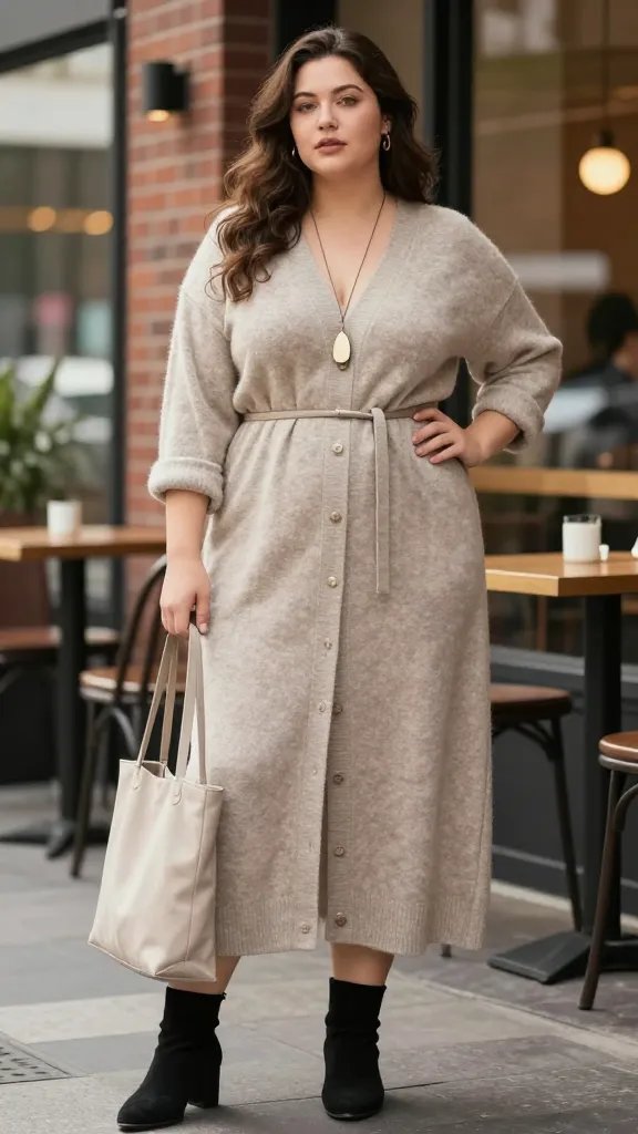 A high-resolution fashion editorial portrait of a plus-size woman standing in an urban cafe-front setting with warm, natural daylight. She wears a long, cozy cardigan dress left open at the front to reveal a sleek belt cinching the waist, paired with black sock boots that rise just above the ankles. The cardigan sleeves are casually pushed up to create a relaxed vibe. She carries a minimalist tote in a neutral tone resting in one hand. A long, simple pendant necklace aligns with the belt line to add depth. The overall look is chic yet comfortable, exuding effortless warmth and city-ready style. The background subtly features a brick wall and storefronts, conveying a street-style vibe without text or logos, ensuring the main subject remains the focal point. The image should have soft, flattering bokeh, natural skin tones, and a confident, approachable expression.