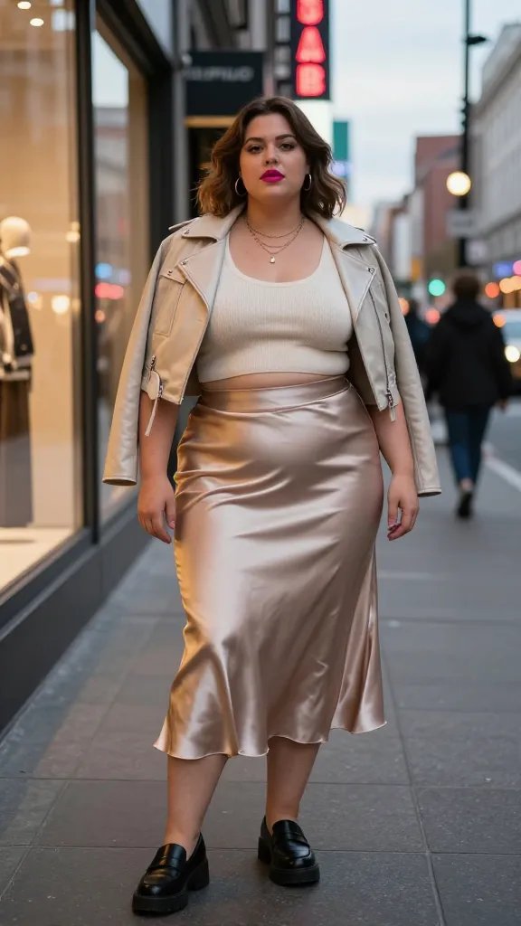 A high-fashion street style portrait of a stylish plus-size woman standing on a city sidewalk at dusk, illuminated by warm street lights and glassy storefront reflections. She wears a satin midi skirt in a soft champagne tone that catches the city glow, paired with a fitted knit crop top in cream that hugs her silhouette. chunky black loafers anchor the look, with a light cropped leather jacket draped over her shoulders for a cool evening vibe. Layered pendant necklaces peek from the neckline, a bold fuchsia lipstick adds a striking pop of color, and her confident pose conveys poise and energy. The background shows a bustling urban avenue with neon signs, blurred pedestrians, and tall buildings, conveying a modern, cosmopolitan atmosphere. Style notes emphasize balance (fitted top with flowing skirt), year-round practicality, and a subtle glow from the satin fabric. Natural daylight-to-dusk lighting to highlight textures and skin tone, ultra-crisp resolution, 8K."
