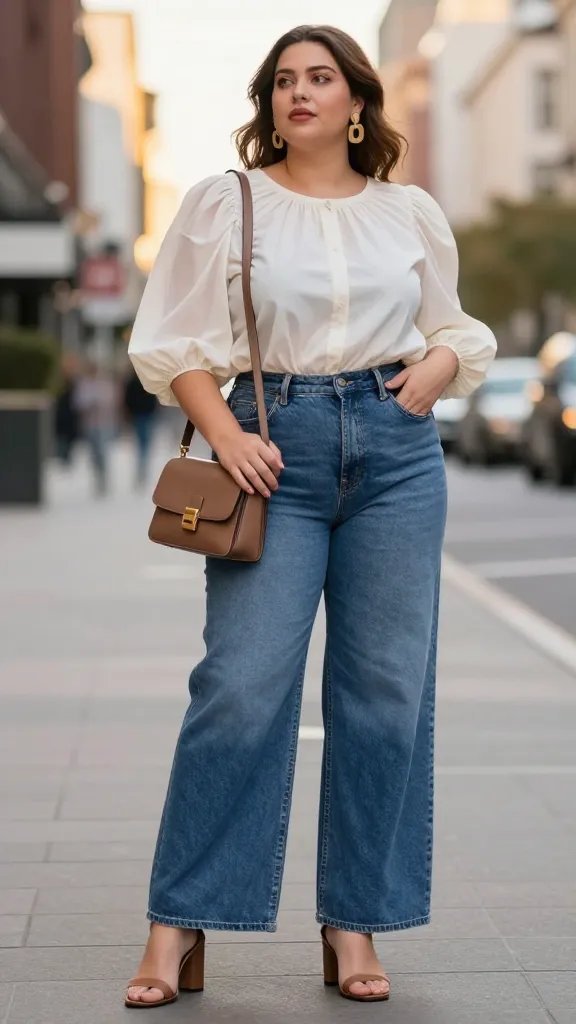 A high-resolution street-style portrait of a confident, fashionable plus-size woman in an urban setting at golden hour, wearing a puff-sleeve blouse tucked into high-waisted wide-leg jeans, paired with block-heeled sandals and a structured crossbody bag. The blouse should be voluminous with puff sleeves, possibly sheer, balanced by the wide-leg denim that elongates the silhouette. Accessories include bold, statement earrings drawing attention upward. The outfit is polished yet comfortable, suitable for work casual Fridays, museum days, or a dinner with friends. The scene features clean lines, soft cityscape backdrop, warm natural lighting, and a shallow depth of field to keep the subject crisp while the background lightly blurs. No visible text on the image. The subject&rsquo;s pose is relaxed yet upright&mdash;one hand near the crossbody bag, the other gently resting on the waist to emphasize the tucked blouse and defined waist. Fashion-forward, poised, and editorial-grade realism.