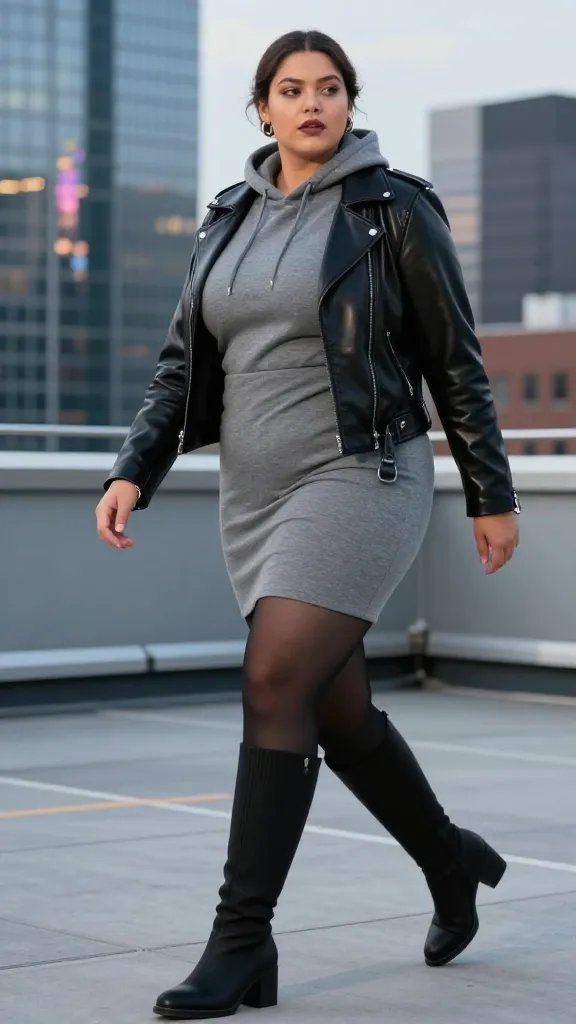 A high-fashion street style photograph of a confident plus-size model on an urban city rooftop at dusk, wearing a charcoal-gray hoodie dress that skims the body and falls mid-thigh, layered under a black leather biker jacket with slight sheen, paired with opaque black tights and ribbed chunky knee-high boots. The outfit is cinched at the waist with a slim belt to create a tailored silhouette, minimal accessories (small hoop earrings, delicate bracelet), natural makeup with a bold lip for contrast, and a clean, deconstructed backdrop of glass skyscrapers and neon reflections. Lighting is soft yet directional, emphasizing textures of the hoodie dress, leather, and boots, with a shallow depth of field that softly blurs the cityscape in the background. The mood is dynamic, ready-for-the-city, blending streetwear edge with chic refinement, and the subject projects confidence and movement as if captured mid-step. No text on image.