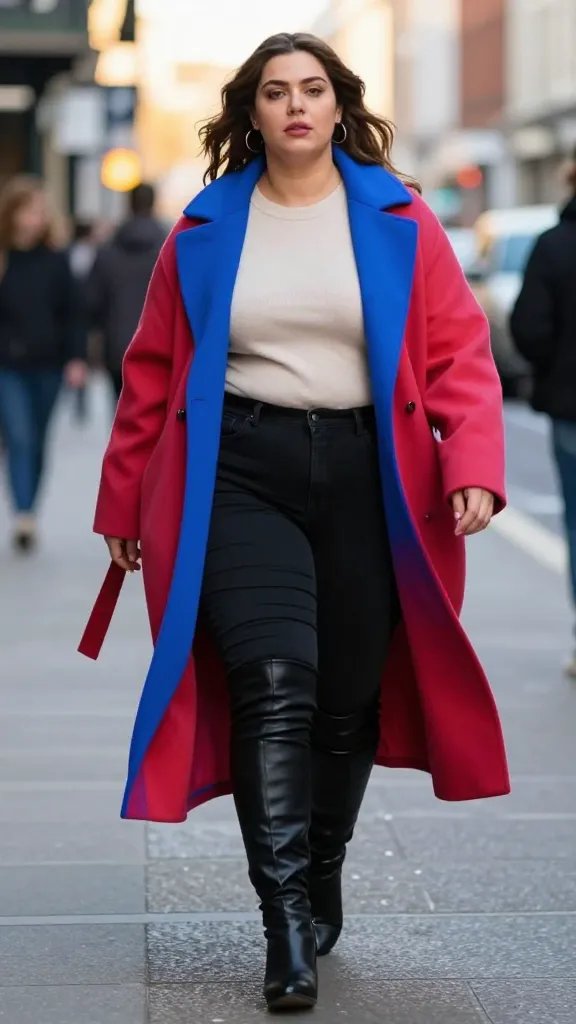 A high-resolution street-style photograph of a confident plus-size woman walking down a city avenue, head held high, exuding bold energy. She wears a dramatic electric-colored oversized statement coat that dominates the frame, in a vivid hue like electric blue or neon red, with clean lines and a length that sways as she steps. Underneath, she sports a neutral cream or beige lightweight knit top and sleek skinny black jeans that elongate the silhouette. Finishing touches include over-the-knee black leather boots with a subtle heel, minimal jewelry in muted tones, and natural makeup with a bold lip kept intentionally understated to let the coat remain the hero. The background is an urban streetscape with soft bokeh of buildings and passerby, suggesting a city moment on a flag-strewn avenue. The lighting is natural daylight with slight golden hour warmth, capturing texture in the coat&rsquo;s fabric and the confident posture of the wearer. The composition centers the model, slightly off-center to convey motion, with the coat billowing slightly to emphasize drama and energy. No text on the image.