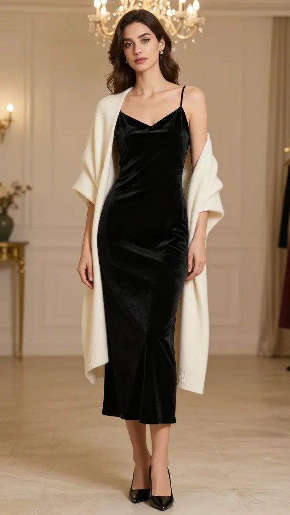A high-fashion editorial portrait of a poised female model at an upscale evening event, wearing a black velvet slip dress with a sleek, minimalist silhouette and delicate straps, paired with a cream cashmere wrap draped softly over the shoulders like a whisper. The wrap should appear ultra-soft and luxurious, with gentle folds that catch the light. The model stands in a softly lit, chandelier-adorned room with a warm, champagne-toned backdrop, exuding quiet luxury. She wears pointed patent leather pumps and subtle diamond stud earrings, minimal jewelry to let the fabrics speak. Consider a sleek satin camisole underneath the dress for a smoother neckline if straps feel fussy, though the look remains understated. Capture a natural, confident pose&mdash;slight tilt of the head, a soft, knowing gaze, and an elegant, elongated posture. The lighting should highlight the rich texture of velvet and the plushness of cashmere, with gentle shadows that enhance the dress&rsquo;s silhouette. No text on the image.