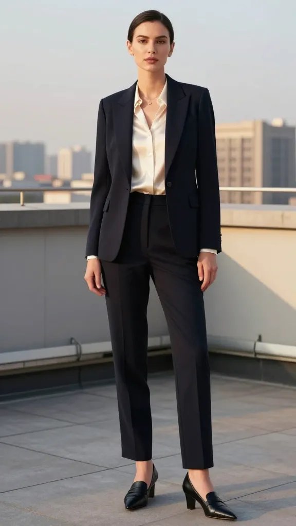 A high-fashion editorial portrait of a poised, stylish adult woman standing on a chic rooftop at golden hour, wearing a monochrome tailored suit and silk blouse. She dons a black or deep navy tailored blazer with sharp darts and matching straight-leg trousers that break once over pointed-toe heeled loafers. The silk blouse peeks softly in cream or champagne at the neckline, with a minimalist gold necklace resting delicately. Soft, natural makeup and sleek hair, with confident, elevated posture and a subtle, empowered gaze toward the camera. The background features city skyline views and warm ambient light, creating a luxe, effortless power ambiance. The overall composition is crisp, high-contrast, and photo-realistic, with precise tailoring details visible on the blazer and trousers, and a clean, uncluttered backdrop to emphasize the outfit. No text on the image.