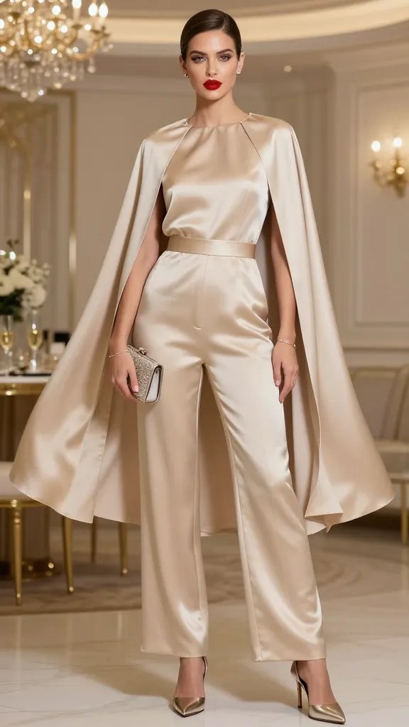 A high-fashion editorial portrait of a poised, elegant woman standing in a softly lit luxury interior with champagne hues. She wears a champagne silk jumpsuit with a structured cape overlay that drapes cleanly over the shoulders, cape and jumpsuit in tonal champagne. The cape sits precisely at the shoulders to avoid bulk at the neckline, adding old-school drama with a contemporary silhouette. She pairs the look with metallic heel mules and an embellished clutch, kept accessories minimal to a slim bracelet and small studs. The styling features a bold red lip for a striking punch, flawless dewy skin, and sleek, polished hair. The pose is confident and statuesque, with controlled, subtle movement in the cape as if catching a slight breeze. The background hints at a sophisticated party setting&mdash;soft bokeh lights, champagne tones, and subtle metallic accents&mdash;ensuring the subject remains the focal point in a crisp, high-resolution image suitable for fashion photography. No text on the image.