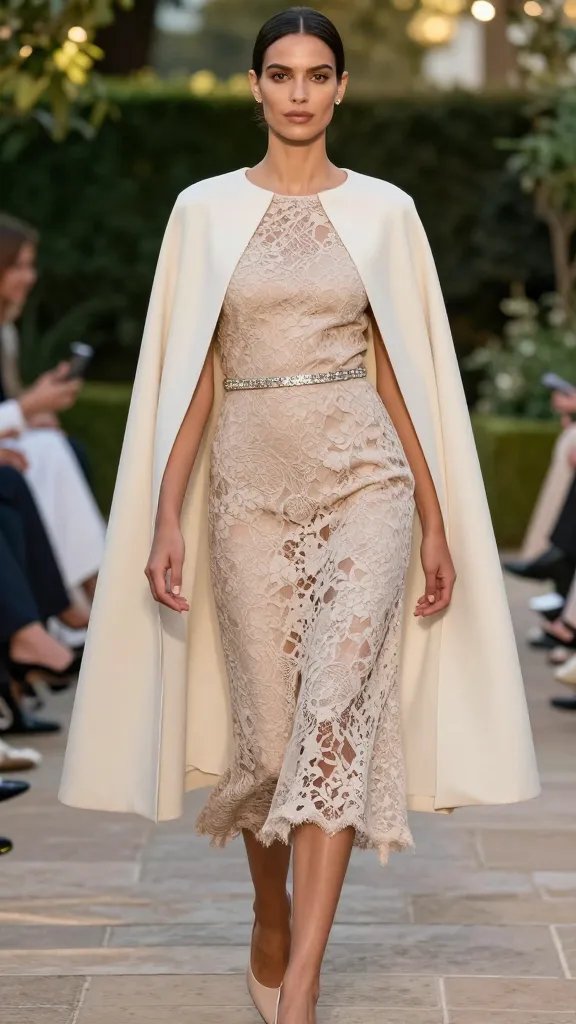 A refined, high-fashion portrait of a composed, elegant individual at an outdoor garden party setting, wearing a neutral lace midi dress in champagne tones with a soft cream cape draped over the shoulders. The outfit is cinched at the natural waist with a crystal-embellished belt, subtly catching light to create a delicate sparkle. Nude or ivory heels complete the look. The cape aligns cleanly with the dress seam to preserve a sleek silhouette, and jewelry is minimal to keep the lace as the focal point. Natural, soft lighting with a hint of golden hour glow, a manicured garden background with blurred foliage, and a slow-runway sense of movement in the subject&rsquo;s pose, lips softly posed, gaze confident yet approachable. The image should feel timeless, upper-crust, and polished, with no text on the image.