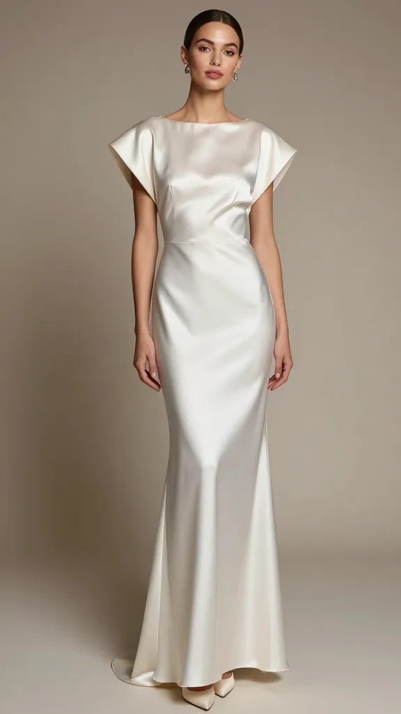 An ultra-polished fashion editorial portrait of a female model wearing a satin slip gown in pristine white with a blush undertone, paired with a sculptural statement shoulder bolero in a complementary ivory blush satin. The gown drapes smoothly to floor-length with a flawless, barely-there silhouette hint of shapewear beneath, catching soft studio lighting to emphasize liquid-like texture. The shoulder bolero sits architectural yet comfortable, with structured shoulders and clean lines, allowing the sleeve seams to glide over the arms without tugging. The model wears pointed-toe slingback heels in a matching satin finish, and drop earrings in a subtle metallic sheen that catch the light as she tilts her head slightly. Her makeup features a soft pink lip for balance, with dewy skin, light contour, and minimal eye makeup for an elegant, modern aristocrat vibe. Set in a sleek, timeless backstage-luxe environment with a neutral backdrop and gentle gradient lighting to create depth, ensuring no text appears in the frame. The overall mood is modern cocktail-mega-event chic, poised, confident, and Instagrammable. The image should be a high-resolution, realistic studio photograph with crisp detail, natural skin tones, and sophisticated styling.