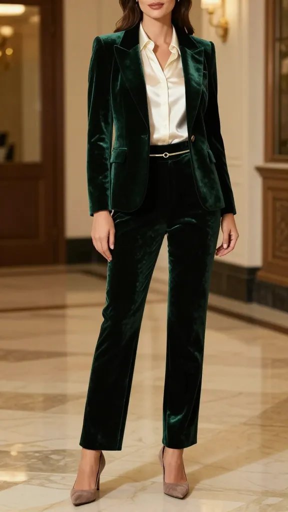 A high-resolution fashion editorial portrait of a poised, sophisticated woman standing in a luxurious, softly lit interior with marble floors and warm golden tones. She wears a tailored velvet pantsuit in deep emerald (rich, luxurious texture) with a sharp blazer featuring structured shoulders and slim tailoring, paired with ivory silk blouse that sits perfectly at the neck. A delicate, slim gold belt elevates the waist without breaking the clean line, and soft suede pumps in a neutral taupe complete the look. The styling exudes &ldquo;more is more, but still minimal&rdquo; with a refined, understated elegance. The belt is optional, subtly hinted, and the overall silhouette remains elongated and statuesque. The model poses with confidence, one hand lightly resting at the waist, the blazer slightly open to reveal the blouse, in a setting with elegant architectural details and soft, ambient lighting that highlights the velvet&rsquo;s rich sheen and the blouse&rsquo;s lustrous satin texture. Photographer&rsquo;s note: ensure crisp texture, natural skin tone, and a timeless, old-money chic ambiance. No text on image.