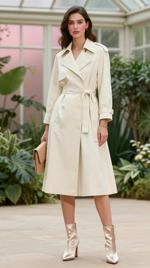 A high-fashion editorial portrait of a poised, elegant woman modeling a cream trench dress inspired by old money aesthetics. She stands in a softly lit conservatory garden setting with lush greenery and pale pink ambient light. The cream trench dress should be knee-length with a relaxed belt tied loosely at the waist to convey movement, fabric slightly fluid as if a light breeze passes through. She wears satin heeled boots in a warm ivory or champagne shade that catch subtle reflections from the glass panes, and carries a beige or camel slim clutch in one hand. Accessorize with a thin chain bracelet on one wrist. The overall styling is polished yet practical, with a subtle soft pink blush on the model's cheeks to tie the look together. The composition is a clean, high-resolution fashion photograph with natural window light, shallow depth of field to softly blur the background, and the model centered, exuding timeless elegance and ease. No text on the image.