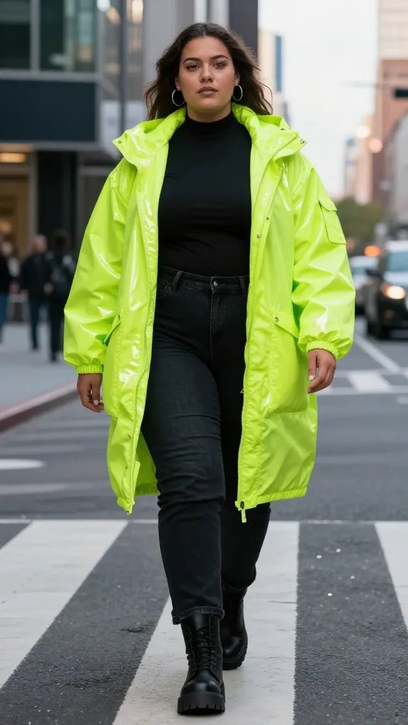 A high-resolution, photo-realistic street style portrait of a confident plus-size model walking across a city crosswalk at dusk. The model wears a bright neon oversized parka in electric lime-green with a glossy, windbreaker-like finish, left slightly open to reveal a sleek black mock-neck top tucked in just a tad to define the waist, and dark wash straight-leg jeans that skim over chunky black combat boots. The parka pockets and zipper gleam from the neon hue, casting a subtle glow on the model&rsquo;s skin. Accessories include bold hoop earrings and minimal makeup with a dewy finish, letting the neon parka be the focal point. The street, modern glass-fronted buildings, and a softly blurred cityscape create a dynamic urban backdrop. The lighting is natural yet enhanced to emphasize the contrast between the neon outerwear and the fitted black base pieces, with a shallow depth of field ensuring the subject stands out crisply while the crosswalk lines guide the eye. The overall vibe is confident, city-ready, and fashion-forward, with an energetic glow that communicates &ldquo;city-first impressions&rdquo; without shouting. No text on the image.