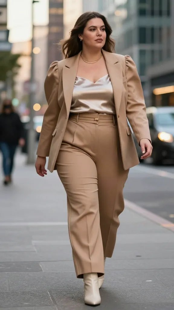 A realistic, high-resolution street-style fashion photograph of a confident plus-size model walking through an urban cityscape at golden hour, embodying the "Power Suit Remix" look. The model wears a camel puff-sleeve blazer over a fitted satin cami, tucked in, with high-waisted, wide-leg trousers that elongate the silhouette. She pairs pointed-toe heeled ankle boots and layered delicate necklaces, with a subtle belt adding structure. The styling emphasizes a front tuck to accentuate the waist and create clean lines, while the blazer&rsquo;s dramatic puff sleeves provide volume. The color palette is neutral camel/cream, with soft, natural makeup and sleek hair. The city backdrop features glass buildings and soft bokeh lights, conveying a chic, street-smart energy. The shot is composed as a full-body portrait with a slight three-quarter turn, capturing movement as she strides, ensuring no text appears on the image.