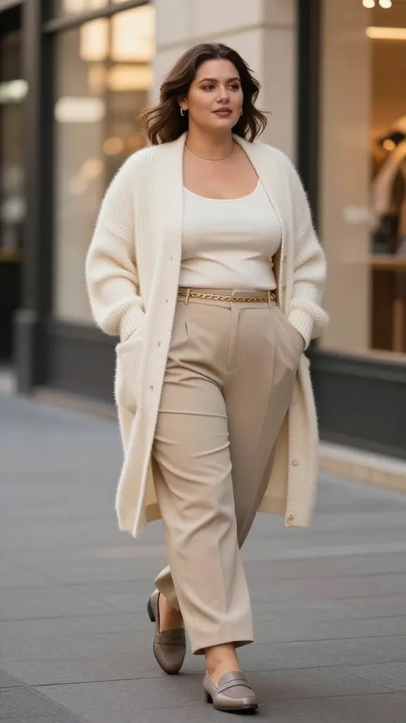Create a high-resolution, realistic street-style photograph of a confident plus-size woman walking through a chic city street at golden hour, embodying a Monochrome Matte Chic look. She wears an all-cream ensemble: a soft cream knit cardigan layered over a cream ribbed tank, paired with beige tailored wide-leg pants and taupe leather loafers. Accessorize with a delicate gold chain belt to cinch the waist and add subtle shine. Mix textures to add depth: knit cardigan in matte knit, satin-like sheen from an inner top or lining, and the smooth leather of the loafers. The look should appear elevated yet effortless, suitable for brunch to gallery hopping. If height appears shorter, suggest a slight lift with heeled mules; for variation, imagine an alternative version where the loafers are swapped for sleek ankle boots. The setting is a clean, modern city street with soft, warm lighting, neutral-toned storefronts, and a shallow depth-of-field that keeps the subject sharp while softly blurring the background. The subject&rsquo;s pose is poised and relaxed, one hand in a pocket, the other adjusting the cardigan, exuding confidence and city-chic attitude. No text overlays.