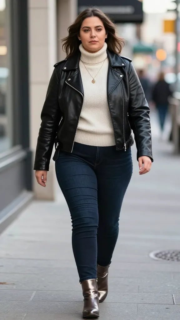 A high-resolution street-style photo of a confident plus-size woman walking down an urban sidewalk in daytime light, wearing a black faux-leather moto jacket over a chunky cream knit turtleneck. She pairs it with skinny dark-wash jeans and metallic ankle boots, with layered pendant necklaces visible around the neckline. The jacket is the hero piece, kept as the focal point with streamlined styling of the other layers; the knit is tucked in slightly at the front to create a flattering line. The setting is a city street with blurred storefronts and subtle architectural textures in the background, capturing a cool, effortless vibe with natural, soft shadows and a shallow depth of field to emphasize the subject. No text on the image.