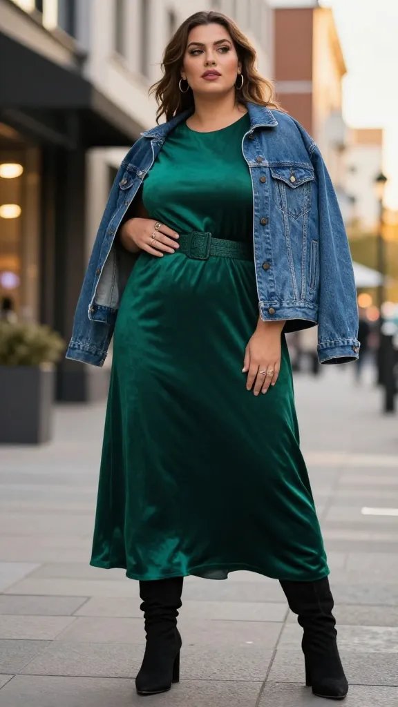 A high-fashion street style photo of a confident plus-size model posing in an urban city setting during late afternoon golden hour. The model wears an empire-waist maxi dress in a rich jewel tone (emerald or sapphire) or a neutral shade, cinched with a textured belt at the natural waist to create flattering definition. Layered over the dress is an oversized denim jacket, left slightly open to reveal the dress&rsquo;s silhouette. On the feet, the model sports over-the-knee boots or chunky-heel booties to add drama and height. Accessories include statement rings, kept minimal if the dress is patterned, and the overall look emphasizes a cohesive color palette. The street background shows modern city architecture with soft bokeh lights from distant storefronts, conveying a polished yet cozy vibe. The model's pose should convey movement and confidence&mdash;one hand resting lightly on the belt, the other arm relaxed at the side&mdash;while the lighting highlights the textures of velvet or fleece, denim, and boots, ensuring a high-quality, realistic fashion photograph without any text overlay.