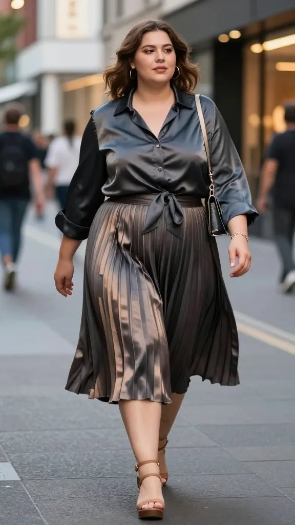 A portrait-oriented fashion photograph of a confident plus-size woman walking gracefully down a bustling city street at golden hour, embodying a "Soft Yet Streetwise" vibe. She wears a silky tie-front blouse in a rich charcoal color, tied at a comfortable length to reveal a hint of the waist, with the sleeves casually cuffed. The blouse pairs with a pliss&eacute; midi skirt in charcoal or camel that catches light with each step, creating subtle pleats that ripple as she moves. Feet are in chunky-heeled sandals or boots, adding height and edge. She carries a small crossbody bag with metallic accents and wears a delicate bracelet set to complete the look. The outfit achieves a clean line with the blouse slightly tucked for a refined silhouette. The street background features modern storefronts, a soft bokeh of city lights, and a hint of movement from other pedestrians, while the lighting emphasizes the texture of the skirt pleats, the silky sheen of the blouse, and the metallic details on the bag. The subject looks slightly off-camera with a relaxed, runway-ready confidence, embodying city style and effortless femininity. No text included in the image.