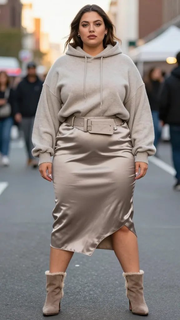 A high-fashion street style photograph of a confident plus-size model standing in an urban city setting at golden hour, wearing an oversized neutral-toned hoodie draped loosely over a satin bias-cut midi skirt. The hoodie should hang casually with the front of the skirt slightly tucked into a chunky belt bag to define the waist, creating a balanced silhouette. Footwear options include shearling-lined boots or sleek heeled boots to add texture and edge. Accessorize with minimalist stud earrings and keep the makeup fresh with a nude lip for a clean, modern finish. The scene should convey a festival-ready, city-chic vibe with natural, soft lighting, subtle street background elements, and a crisp, high-resolution look that highlights the contrast between the matte knit and glossy satin. No text on the image.