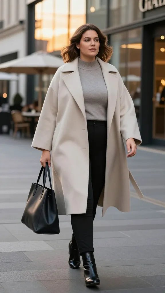 Create a high-resolution, fashion-photography styled image of a confident plus-size woman strolling through a chic city street at golden hour, wearing a dramatic neutral cape coat that falls just above the knee, a sleek mock-neck sweater in a soft charcoal hue, black tailored leggings or slim trousers, and glossy leather ankle boots. She carries a bold, structured tote bag in a contrasting color to create a focal point. The cape should be the statement piece with a defined collar and clean lines, allowing the base sleek outfit to remain minimal and polished. The background features modern city architecture with warm sunset tones reflecting off glass facades, subtle urban details like a cafe alfresco area or a fashion-forward storefront, and light street traffic bokeh. The subject exudes effortless chic for day-to-night city life, with natural makeup, a confident pose, and subtle movement to show the cape draping elegantly. No text on image.