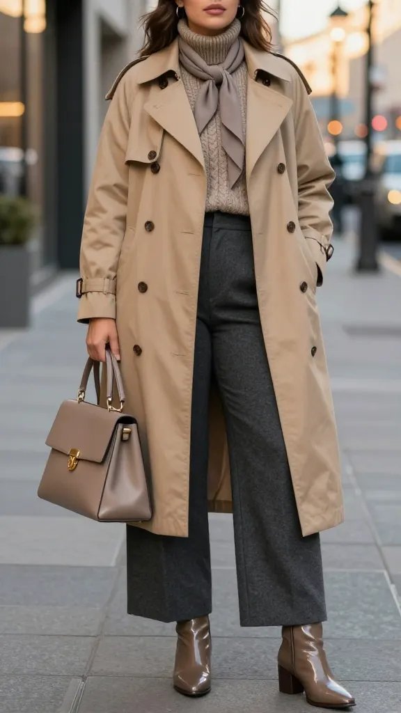 A full-length high-gloss street-style photograph of a plus-size woman standing on a city sidewalk during golden hour, wearing a textured sand-colored trench coat that hits mid-calf over a chunky taupe cable-knit turtleneck, paired with wide-leg charcoal wool pants and glossy patent ankle boots. She carries a structured satchel in a complementary neutral tone. Subtle wind gives the trench slight movement, and a lightweight scarf in a coordinating shade is loosely tied around her neck. The background shows a modern urban streetscape with soft bokeh lights, reflecting a chic, office-to-dinner vibe. The composition emphasizes a streamlined silhouette, strong textures, and a confident, city-ready polish. No text on image.