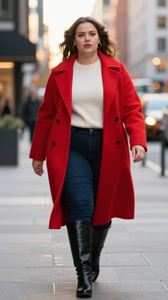 A high-resolution street-style photograph of a confident plus-size woman walking through an urban cityscape at golden hour, wearing a bold, vivid red coat as the focal point. She pairs it with a cream knit sweater, dark skinny jeans, and sleek black knee-high boots. Minimal hoop earrings adorn her ears. The background features soft city lights and modern buildings with a shallow depth of field to keep the coat as the standout element. The color palette should emphasize the red coat against neutral tones, with subtle reflections from storefront windows and a slight motion blur to convey movement. The overall vibe is chic, powerful, and unapologetically city-ready, with natural makeup and a poised, forward gaze. No text on the image.