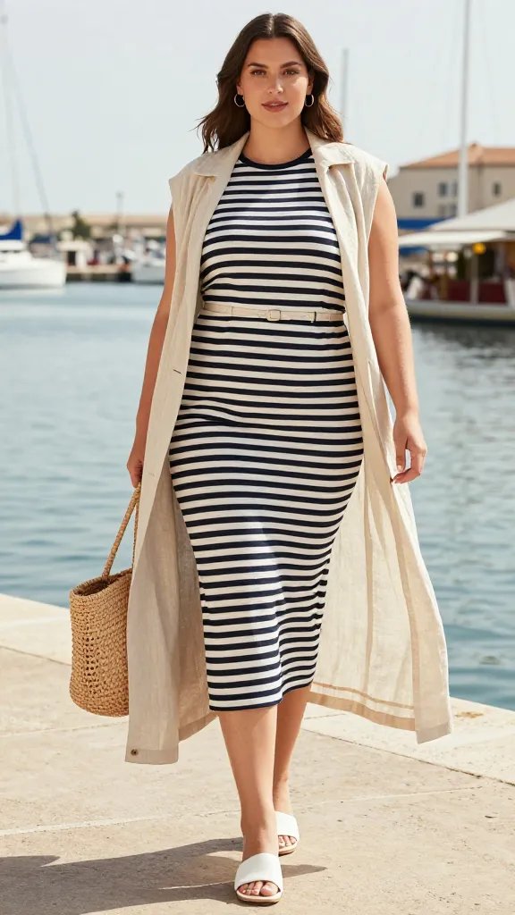A tall, confident plus-size model standing on a sunlit harbor promenade in a chic, sophisticated vacation setting. She wears a black-and-white striped sleeveless midi dress cinched with a light belt at the waist, a flowing beige linen duster that adds drama, and white slide sandals. She holds a woven straw tote at her side, and simple hoop earrings frame her face. The duster is worn open, with the hem slightly rolled for a modern edge. The setting features soft coastal light, calm water in the background, distant boats, and a touch of market stalls along the quay to convey harbor town charm. The overall mood is elegant, nautical, and effortlessly polished, with the stripes drawing the eye and the accessories kept minimal to let the dress speak. High-resolution, natural skin tones, shallow depth of field to gently blur the background while keeping the outfit crisply in focus. No text on image.
