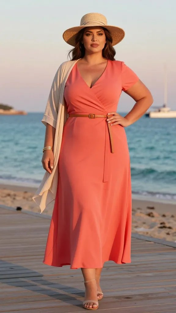A tall, elegant plus-size woman stands on a sunlit seaside boardwalk at golden hour, wearing a vivid coral wrap dress that flatters her silhouette with a secure, flat-wrapped neckline and a softly cinched waist, paired with neutral flat sandals, a tan leather belt tucked gently at the waist, and a straw hat with a delicate ribbon resting jauntily on her head. She has a light gold bracelet stack on one wrist. A light, airy cardigan drapes over her shoulders or hangs off one elbow. The backdrop features calm turquoise sea, a pastel sky, and distant boats, with warm coral tones echoing in the overall color palette. The scene exudes coastal sophistication for seaside dinners or market days; the lighting is flattering, with soft shadows, natural textures of straw and leather, and a clean, high-resolution photography style that emphasizes the dress’s drape and movement as she subtly poses with one hand at her waist and the other lightly touching the cardigan. No text on the image.