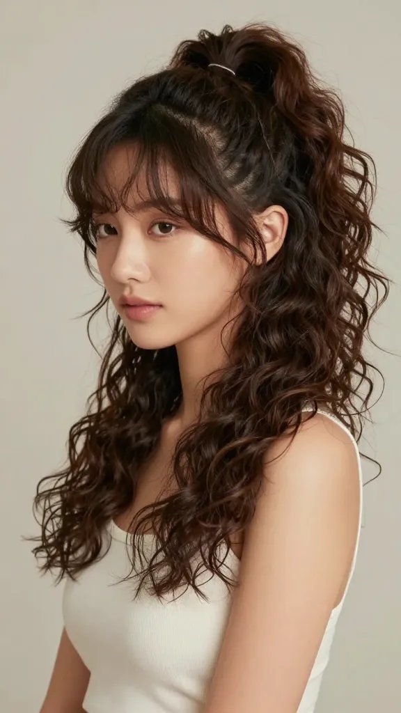 A high-quality, realistic portrait of a woman with a curly high ponytail and soft contour layers, posed in a well-lit, natural makeup look. The hairstyle features a voluminous crown with a bouncy ponytail secured with a clear elastic, and face-framing layers that softly contour the cheeks and jawline. The hair has a gentle, natural shine with defined curls at the ponytail and smooth, seamless layers around the face, creating a polished yet effortless vibe. She stands or sits against a clean, neutral background (soft beige or light gray) with subtle, diffuse lighting that highlights the texture and movement of the curls. Style should look like a candid editorial shot: minimal accessories, light hold spray visible as a faint finish on the contour lines, and an overall modern, versatile look suitable for everyday wear. No text included in the image.