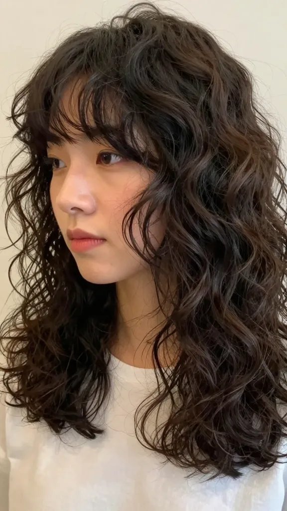 A realistic, high-quality close-up photograph of a stylish woman with mid-length curly hair, showcasing side-swept bangs that blend seamlessly into soft, rounded puffs near the crown. The curls are defined and bouncy, with natural shine and healthy volume, creating a modern silhouette that is not weighed down. The bangs are expertly layered to melt into the rest of the curls, with a subtle framing of the face. The lighting is soft and natural, highlighting the texture of the curls and the gentle contour of the bangs. The background is neutral and unobtrusive to keep the focus on the subject&rsquo;s hairstyle. The subject is the main focus, captured in a candid, elegant pose that emphasizes a confident, fresh mid-length curl look.