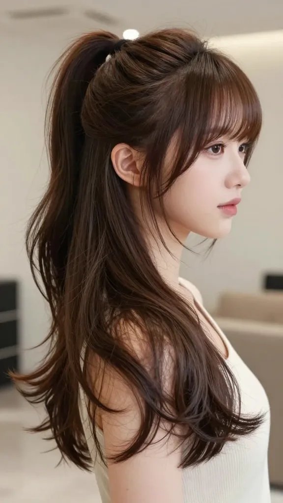 A high-resolution, fashion-forward portrait of a young woman with a mid-length layered ponytail, featuring mid-length layers that taper toward the ends to create natural movement and volume. The ponytail should sit high on the head with a sleek, polished base and soft, face-framing layers that blend seamlessly into the ponytail, evoking a layered haircut in a tied-up style. She stands in a bright, modern studio with neutral, softly blurred background and natural lighting that highlights the texture and dimension of the hair. The hairstyle appears effortless yet sculpted, with subtle shine, individual mid-length strands visible, and gentle waves at the ends. The subject should have clear, confident expression, minimal makeup, and wear a simple, chic outfit that complements the hairstyle. No text or logos in the image.