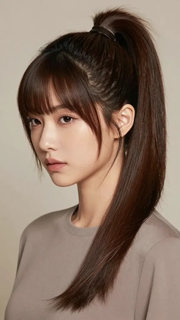 Create a ultra-realistic, high-resolution portrait of a stylish woman showcasing the "High Ponytail Low-Tail Balance" hairstyle. The subject has a voluminous high ponytail on the crown with a sleek, smooth finish, complemented by a subtle low tail peeking underneath to create an unexpected, fresh look. The hair should appear glossy and well-hydrated, with soft contour layers around the face for a gentle frame. Use a natural, balanced lighting setup that highlights the shine and texture of the hair, with a neutral, softly blurred backdrop to keep the focus on the hairstyle. The styling should look effortless yet meticulously crafted, as if achieved with smoothing cream, lightweight gel, and clear bands. The model should exude confidence and modern elegance, wearing a simple, chic outfit in solid, muted tones that does not distract from the hairstyle. No text on the image.