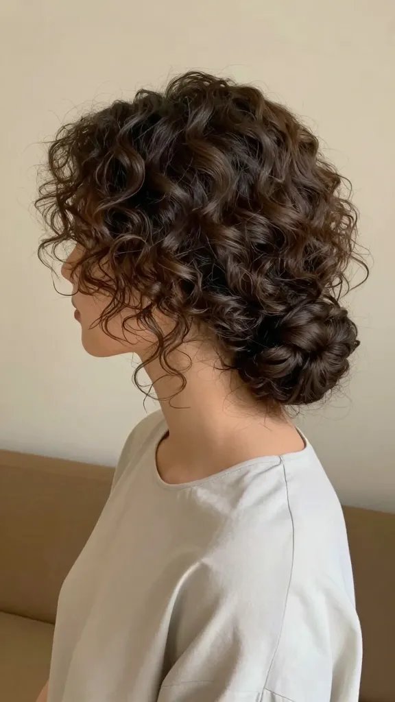 A high-resolution, natural-looking portrait of a woman with mid-length curly hair styled into a soft cascading bun resting at the nape of the neck. The curls should be defined and voluminous with gentle, cascading layers that frame the nape area, giving a polished yet effortless look. The setting is a softly lit, neutral-toned room with warm, flattering light that highlights the curl texture and the bun&rsquo;s smooth contours. The subject wears a simple, elegant outfit (e.g., a light, solid-color blouse) to emphasize femininity and a put-together vibe without appearing overdone. The overall mood should feel cool and comfortable, conveying a sense of effortless style and intentionality. No text on the image.