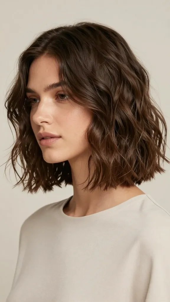 A high-resolution, editorial-style portrait of a stylish woman with mid-length wavy hair, posing to showcase "The Wavy Faux Bob With Contour Edges" from a hairstyle article. The hair should appear as a faux bob: the ends tucked under to simulate a bob length, with soft, natural waves framing the jawline and contour edges that subtly sculpt the face. The subject is wearing minimal, natural makeup and a chic, solid-colored top in a neutral tone. Lighting is soft and flattering, with a shallow depth of field to keep the focus on the hair texture and the contouring effect along the jawline. The texture should look realistic and touchable, with a slightly tousled, beachy wave pattern and a healthy sheen, demonstrating the use of a flexible-hold balm to maintain the shape without stiffness. The background should be clean and unobtrusive, such as a softly blurred studio backdrop, ensuring the hair silhouette is the primary focal point.