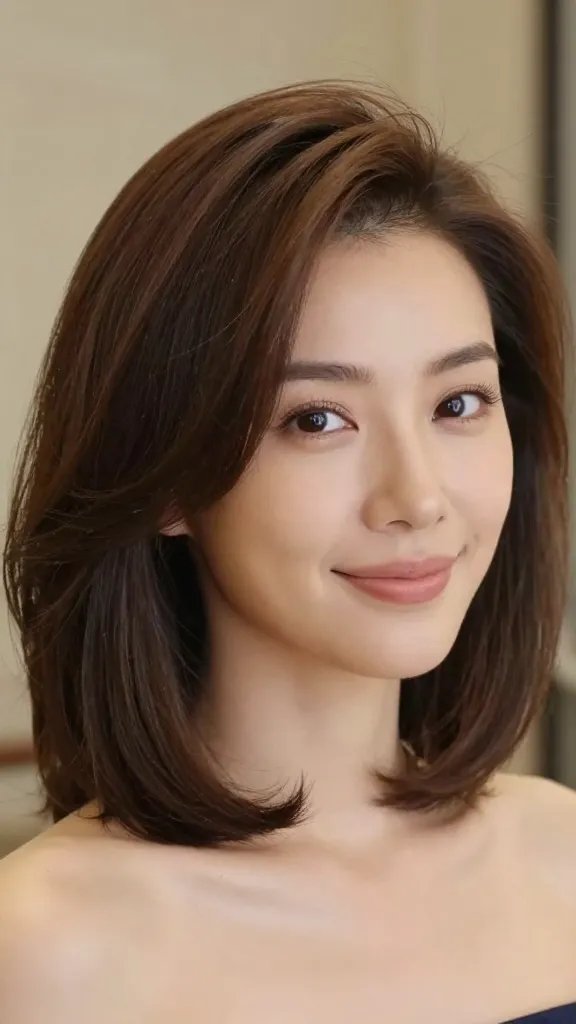 A realistic, high-quality portrait photograph of a stylish woman with medium-length hair styled into a soft crown puff sitting gracefully on the crown of her head, paired with tidy, curved ends that frame her temples and lie smoothly along her jawline. The lighting is soft and natural, highlighting the glossy texture of her hair and the gentle volume of the crown puff. The setting is a softly blurred indoor backdrop with warm tones to convey a regal yet approachable vibe, suggesting a humid-day readiness. Subtle hints of anti-frizz spray on her hair should be visually implied by a light, almost imperceptible sheen and perfectly controlled frizz-free edges. The subject should look confident and relaxed, with a gentle, natural smile, and minimal makeup to keep the focus on the hairstyle. No text or graphics on the image.