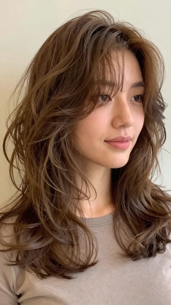 A high-resolution, realistic portrait-style photograph of a stylish woman with a layered shag hairstyle at mid-length, showcasing soft volume and defined curls. The hair should have light, airy layers that add lift around the crown and remove heaviness from bulk zones, with some pieces deliberately falling forward to frame her face. The subject has natural, healthy hair with a glossy, hydrated finish, and the curls appear bouncy and well-textured. She is posed in a three-quarter view with a gentle, confident expression, wearing a simple, solid-colored top to keep focus on the haircut. Soft, natural lighting enhances the texture and dimension of the layers, with a neutral blurred background to ensure the hairstyle remains the focal point. No text on the image.