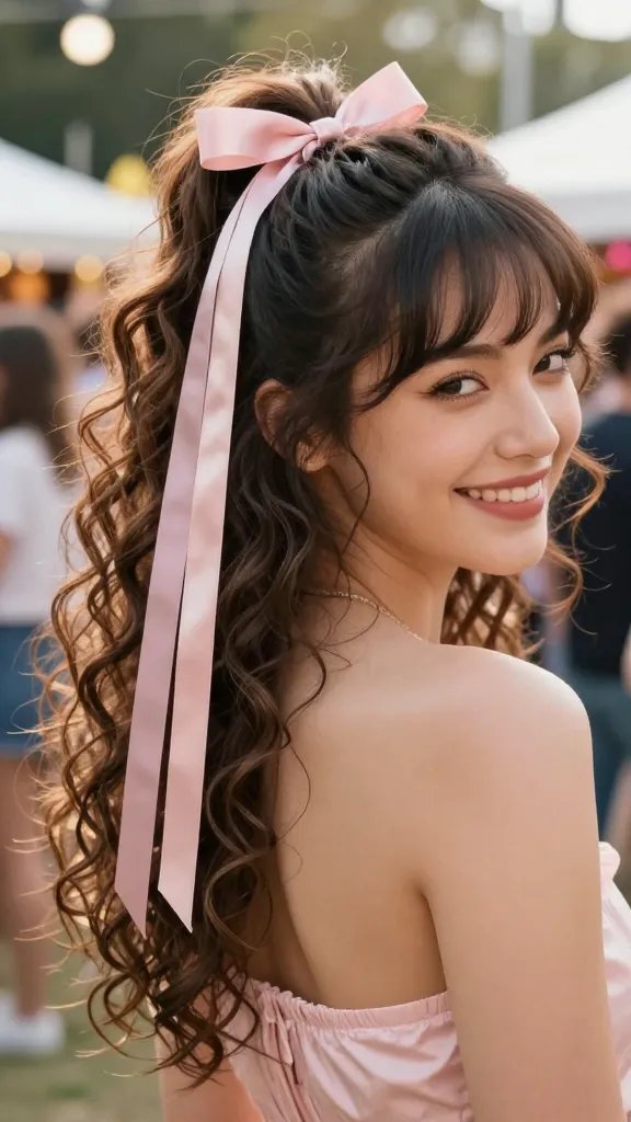 A high-resolution, photorealistic portrait of a stylish woman with a high ponytail featuring curly ends, styled to include a thin satin ribbon wrapped neatly around the base of the pony. The ribbon should be a soft pastel color (like blush pink or lavender) with a small, elegant bow incorporated at the back. The curls at the ends should cascade loosely, bouncy and defined, catching subtle light for natural shine. The subject is outdoors at a casual festival or brunch setting, with warm daytime lighting, soft bokeh in the background suggesting friends and festive decor. The overall look is playful and photogenic, with the ribbon adding a delicate accent to the high pony, and the hair framing the face in gentle, face-framing layers. The subject&rsquo;s expression is joyful and relaxed, eyes slightly squinting in a bright smile, minimal makeup, natural glam, and a chic, casual outfit suitable for daytime social outings. No text or logos in the image.