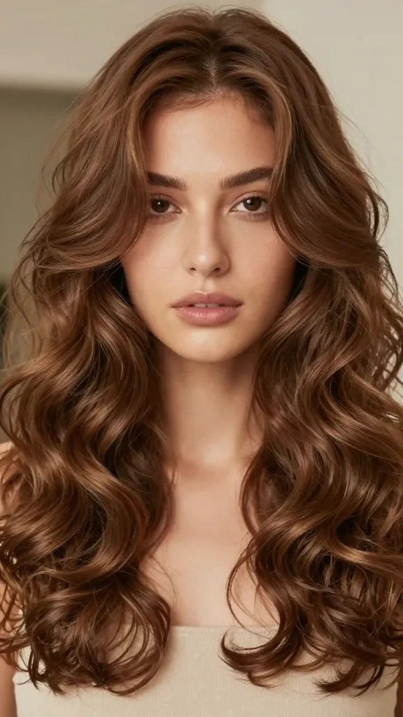 Create a hyper-realistic, high-resolution close-up photo of a woman showcasing the hairstyle "Soft Waterfall Curls With Subtle Part" as described. The subject has a natural, warm hair color with soft, cascading waterfall curls framing the sides of her head. The hair is styled with a precise middle part, ensuring symmetry and drawing attention to the curls&rsquo; texture and flow. The curls should appear bouncy and defined, with a gentle shine that suggests a light shine spray, highlighting the natural hue and healthy sheen of the hair. The lighting is soft and flattering, emphasizing the curl pattern and the subtle contour of the hairstyle, with a neutral, blurred background to keep the focus on the subject and her hair. The composition is a realistic, editorial-quality portrait that clearly conveys the soft waterfall curl technique. No text on the image.
