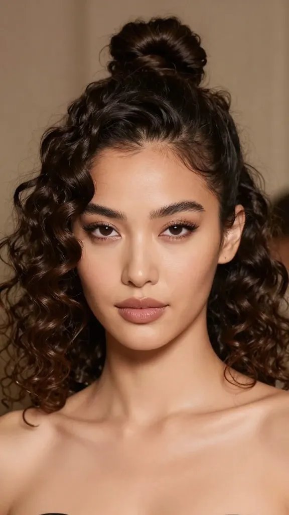 A high-resolution, realistic portrait of a stylish woman with mono curl mini updo: a few front strands pulled back and secured into a tiny, elegant updo at the crown while the rest of her softly curled hair remains down around her shoulders. She exudes chic, effortless sophistication suitable for a date night or night out with friends. Soft, natural lighting highlights the glossy curls, and the background is a warm, neutral setting suggesting an intimate evening ambiance. The subject should be centered, with subtle makeup, a confident gaze, and no visible text on the image.