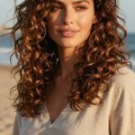 A high-resolution, realistic portrait of a stylish woman with mid-length layered curly hair, showcasing sun-kissed beachy texture and wind-swept movement. The hair has soft contour layers that add body and dimension, with natural waves and subtle volume around the crown. The subject is photographed outdoors in golden-hour light, with a light breeze lifting the curls for effortless texture; a salt spray sheen gives slightly gritty, tactile grip to the waves. She wears a casual, chic outfit in neutral tones, minimal makeup emphasizing dewy skin, and a relaxed smile. The background is softly blurred beach scenery&mdash;the sand, sea, and pale blue sky&mdash;complementing the warm tones of her hair. The image is crisp, vibrant, and magazine-quality, capturing a polished, mid-length layered curl look with beachy texture. No text on the image.