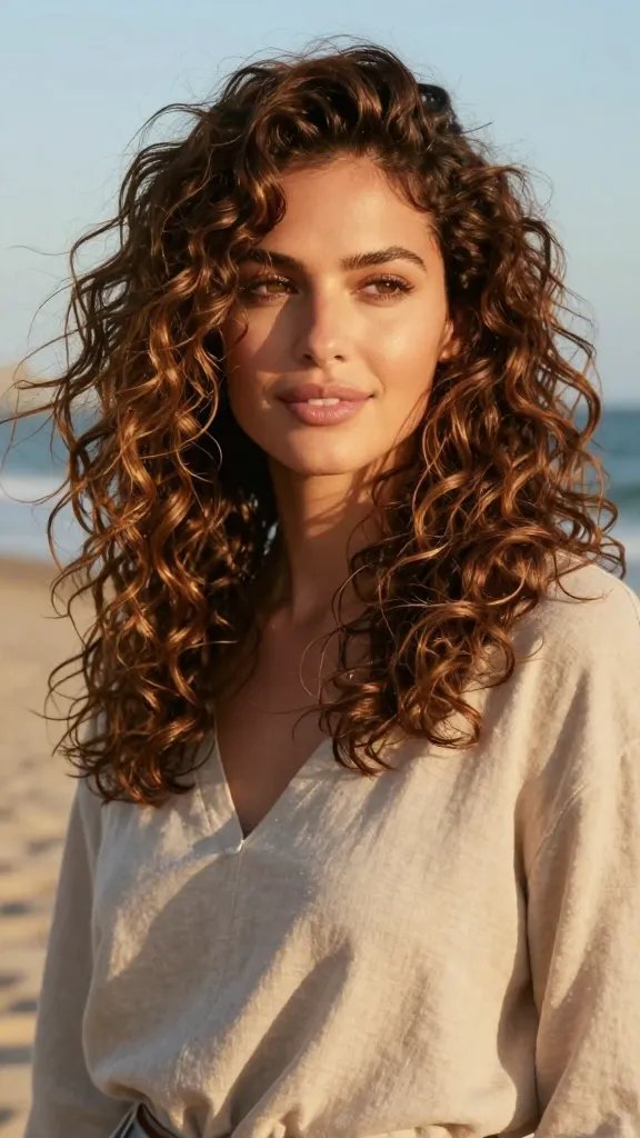 A high-resolution, realistic portrait of a stylish woman with mid-length layered curly hair, showcasing sun-kissed beachy texture and wind-swept movement. The hair has soft contour layers that add body and dimension, with natural waves and subtle volume around the crown. The subject is photographed outdoors in golden-hour light, with a light breeze lifting the curls for effortless texture; a salt spray sheen gives slightly gritty, tactile grip to the waves. She wears a casual, chic outfit in neutral tones, minimal makeup emphasizing dewy skin, and a relaxed smile. The background is softly blurred beach scenery—the sand, sea, and pale blue sky—complementing the warm tones of her hair. The image is crisp, vibrant, and magazine-quality, capturing a polished, mid-length layered curl look with beachy texture. No text on the image.