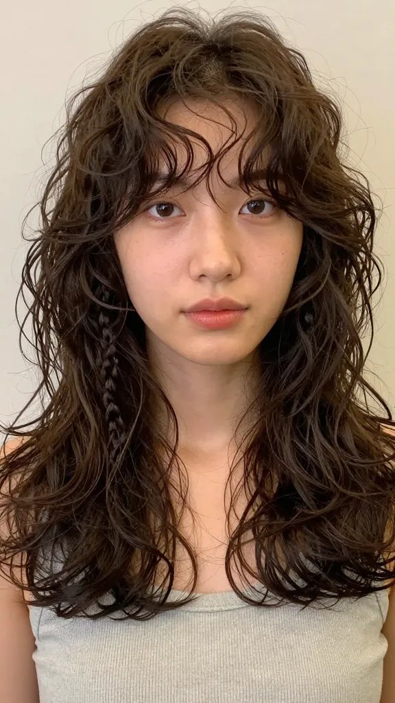 A realistic, high-quality portrait of a person with mid-length curly hair styled in soft contour layers, featuring a small, loose braid running along the side to accent the contour layers. The braid should look relaxed and effortlessly integrated, adding a touch of interest without looking heavy. The overall look is natural and polished, with softly defined curls and a gentle, casual vibe. The subject should be centered, with flattering natural lighting that highlights the texture of the curls and the subtle contour layers, in a neutral, unobtrusive background. No text on the image.