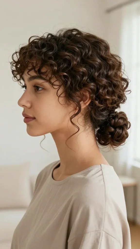 A high-resolution, realistic photograph of a young woman with medium-length curly hair styled into a low twisty knot at the nape of her neck. The knot should be loose and subtle, with a few soft tendrils of curl framing the face, showcasing frizz-free, sleek texture underneath. The setting is a bright, natural-lit room with soft, neutral tones and a clean, minimalist background to emphasize the hairstyle. The subject has a calm, confident expression, wearing a simple, elegant top in a solid color that complements her hair. The lighting highlights the glossy shine and bouncy curls beneath the twist, conveying a polished yet effortless look suitable for everyday wear. No text on the image.
